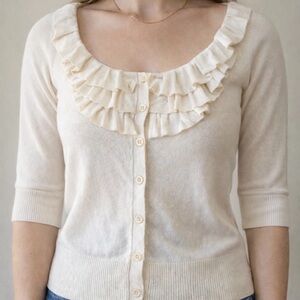 VTG S Worthington Ruffle Neck Short Sleeve Ivory Cardigan Sweater Coquette Y2K